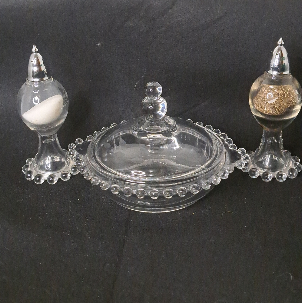 Vintage Imperial Glass Candlewick Round Butter Dish with lid and salt/pepper
